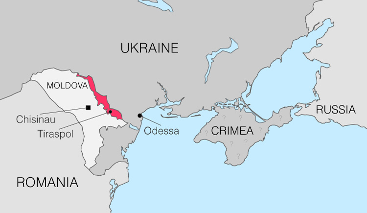 Transnistria is a small strip of land and a break-away state of Moldova, highlighted in red.