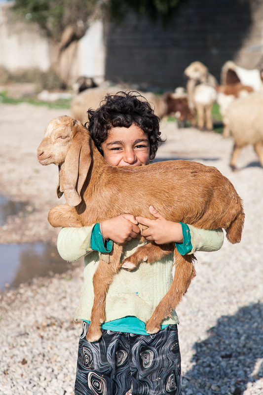 A girl proudly showing off one of her goats