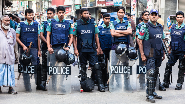 Riot police gathering in Khulna, Bangladesh. During my time of visit Bangladesh was undergoing a period in which especially in the capital city violent demonstrations took place daily