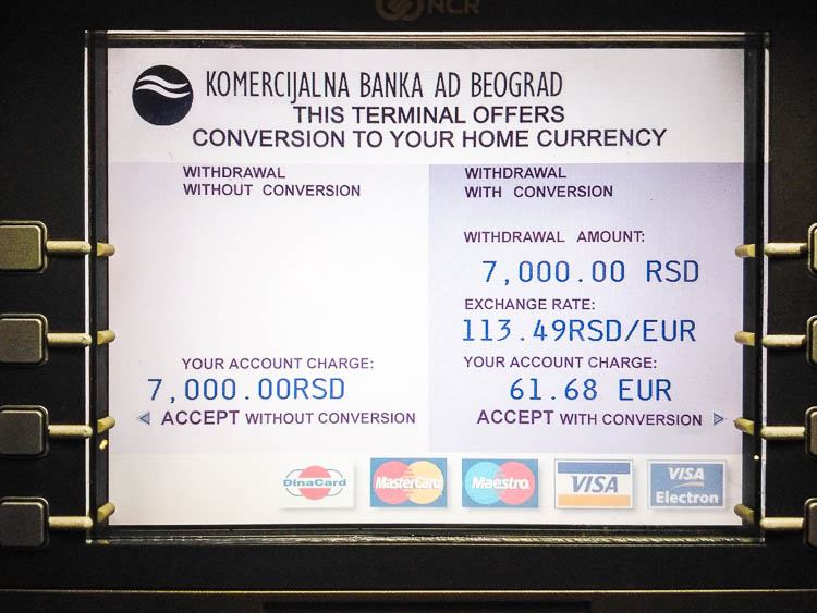 On the first screen you will be given the option to have a standard style cash withdrawal (left), or let the local bank decide for you on the spot the currency exchange rate (right). (2015 © Bart van Eijden)