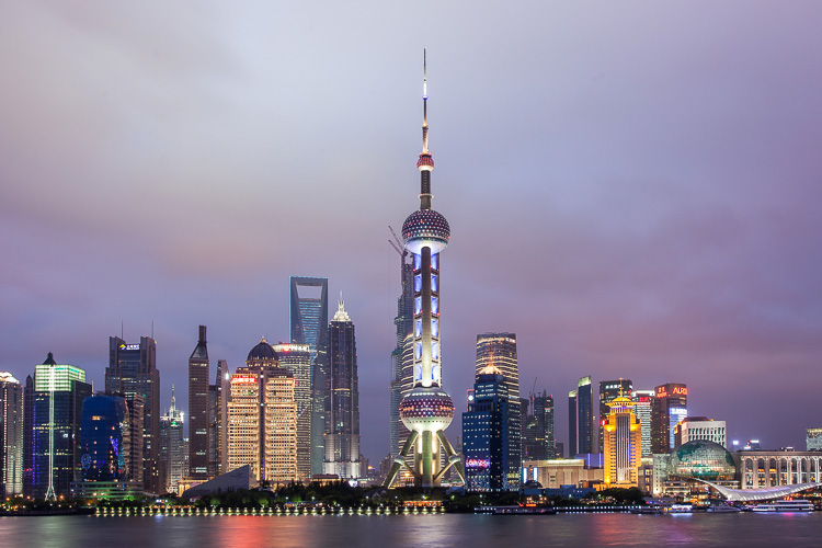 The skyline of Shanghai at night, shot from a private party in an expensive restaurant that I sneaked into.