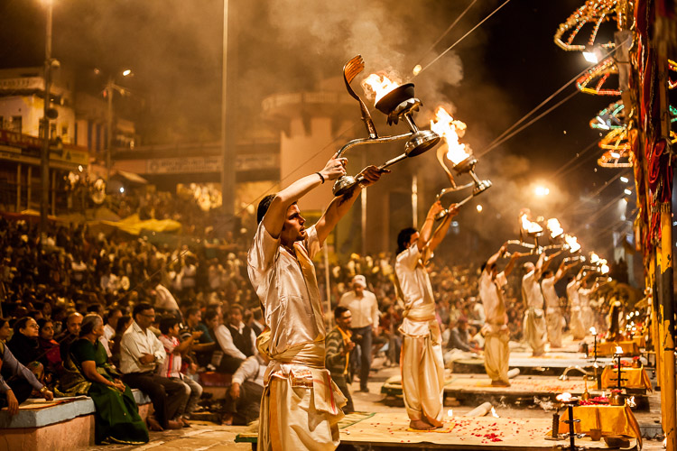 A daily ceremony on the banks of the river Ganges in Varanasi, India