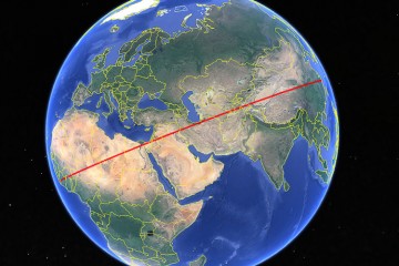 The longest distance overland in a straight line is 13,589 kilometers long and crosses 18 countries and territories in 9 different time zones.