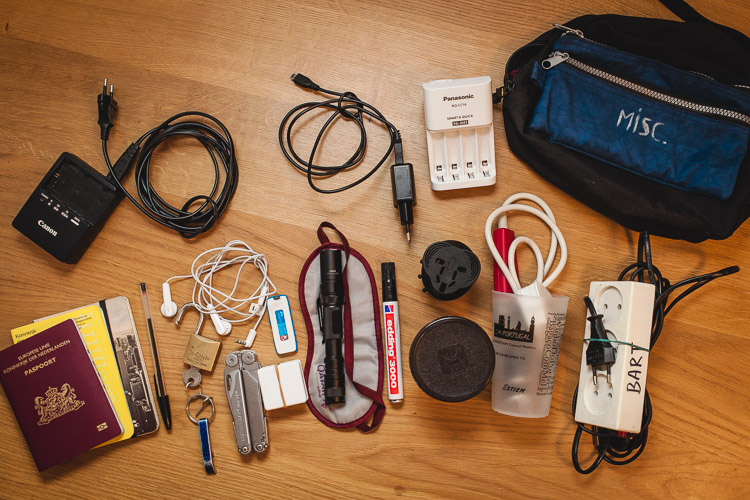 A large selection of my travel gear and accessories laid out