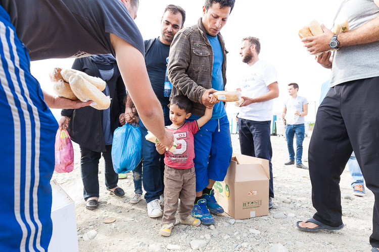 A young Syrian boy receives a sandwich from a local volunteer as he enters the Gevgelija refugee transit camp.