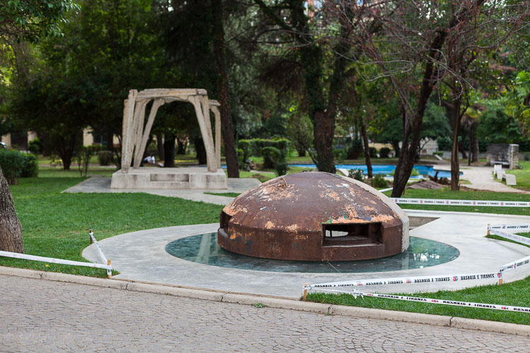 A communist bunker sits as a monument at the east entrance of block.